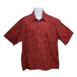 Pierre Cardin Mens XL Hawaiian Shirt Vintage Cotton Jacquard Palm Print Burgundy